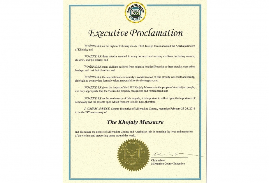 Milwaukee County recognizes February 25-26 as anniversary of Khojaly Massacre