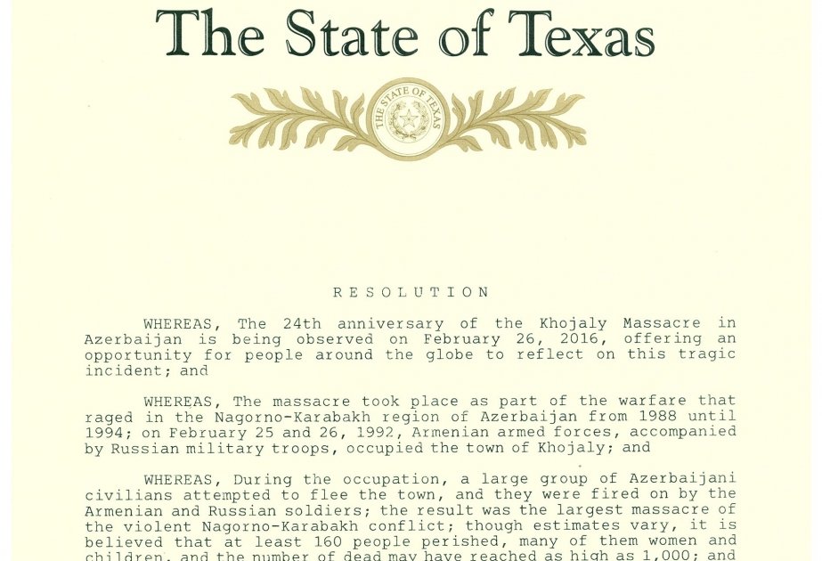 Texas House member releases resolution on Khojaly Massacre anniversary
