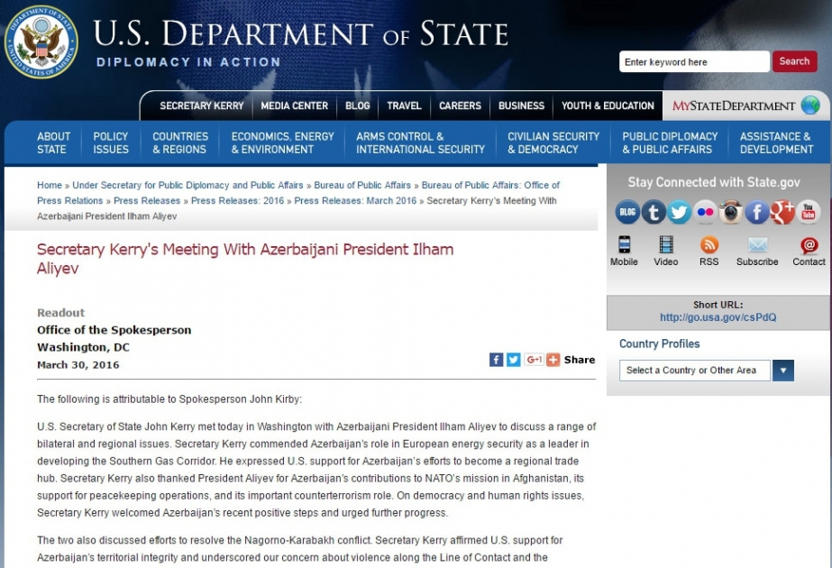 U.S. affirms support for Azerbaijan`s territorial integrity