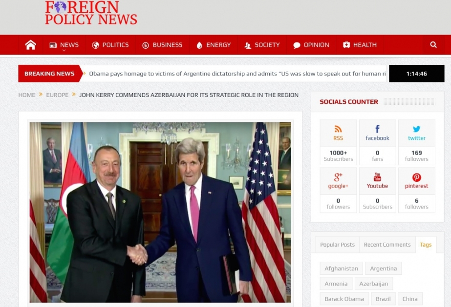 Foreign Policy News: John Kerry commends Azerbaijan for its strategic role in the region