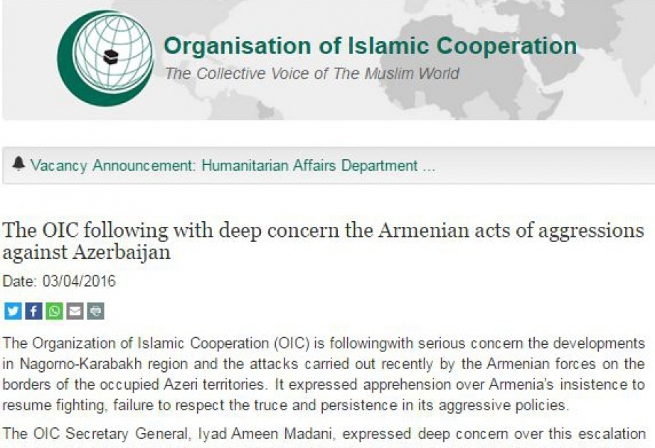 OIC is deeply concerned about Armenian acts of aggressions against Azerbaijan