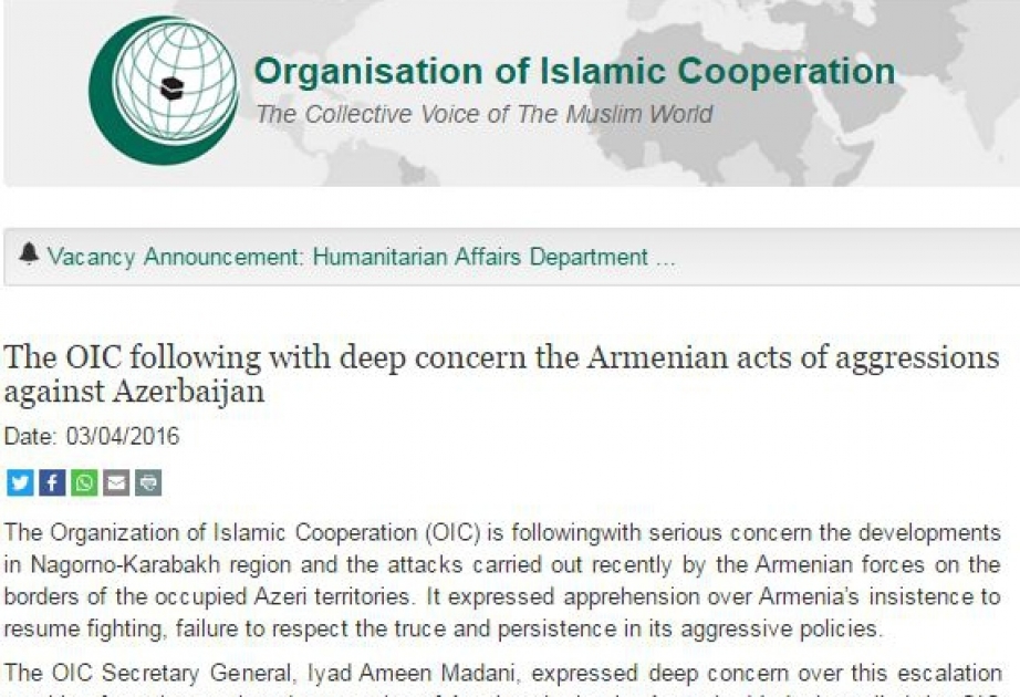 L’OCI exprime sa préoccupation face à la poursuite de la politique d’agression de l'Arménie