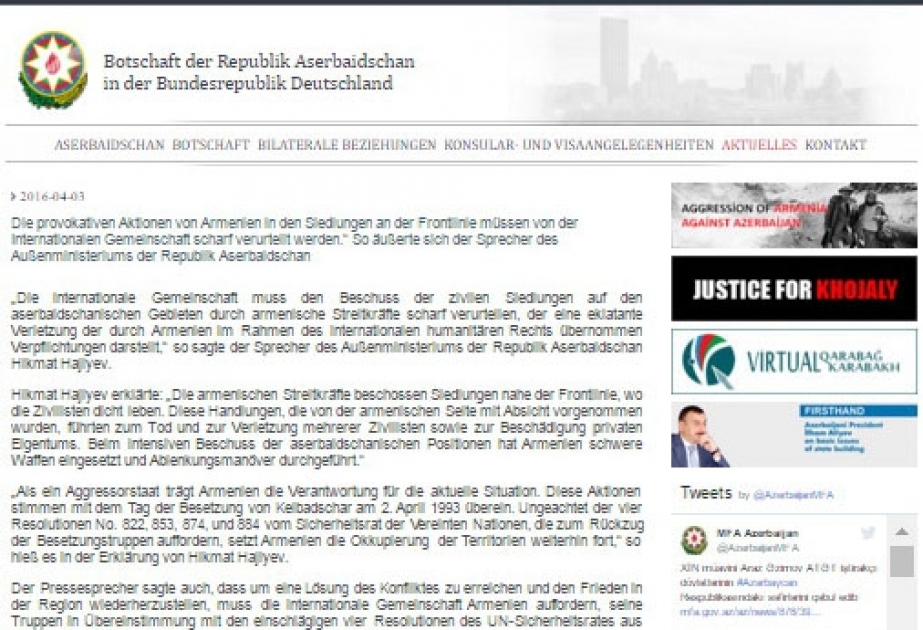 Aserbaidschanische Botschaft in Berlin verbreitet eine Presseerklärung des Außenministeriums der Republik Aserbaidschan