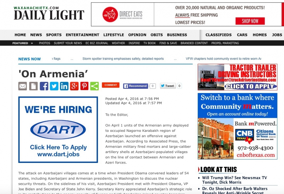 Американская газета Daily Light опубликовала статью об армянской агрессии