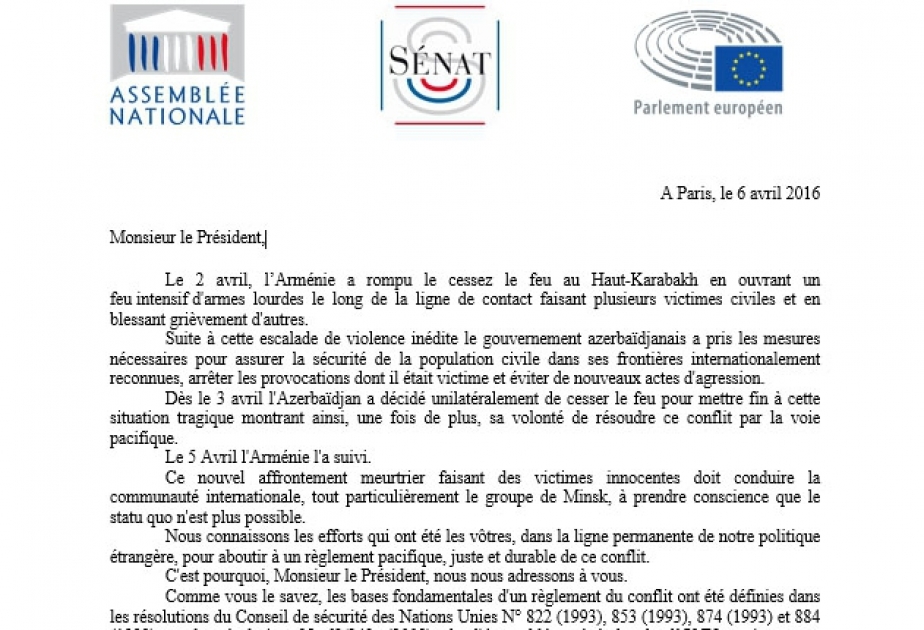French Senators, MPs send letter to Francois Hollande on Armenian provocations
