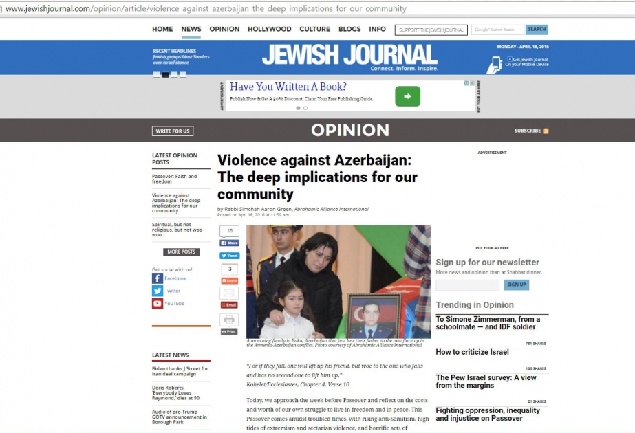 Jewish Journal publishes article about Armenian recent provocative actions against Azerbaijan
