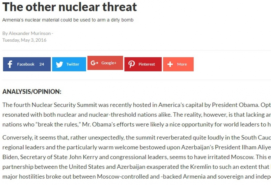 “The Washington Times”: Ermənistandakı nüvə reaktoru “çirkli bomba” üçün potensial radioaktiv material mənbəyidir