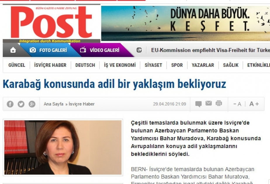 Заместитель председателя Милли Меджлиса в интервью издаваемой в Швейцарии газете «Post» рассказала о реалиях Карабаха