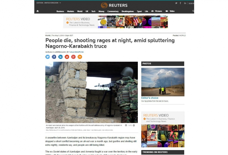 Reuters posts article about situation in Nagorno-Karabakh