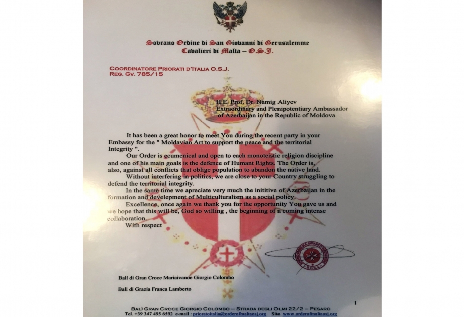Орден Святого Иона Иерусалимского Мальтийских рыцарей поддерживает справедливую позицию Азербайджана