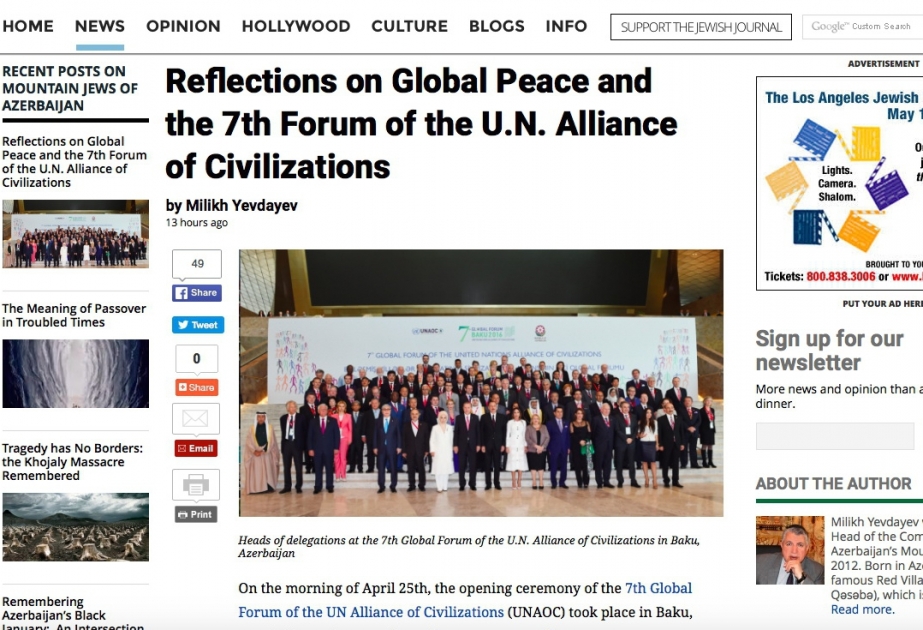 Jewish Journal issues article on 7th Global Forum of UN Alliance of Civilizations