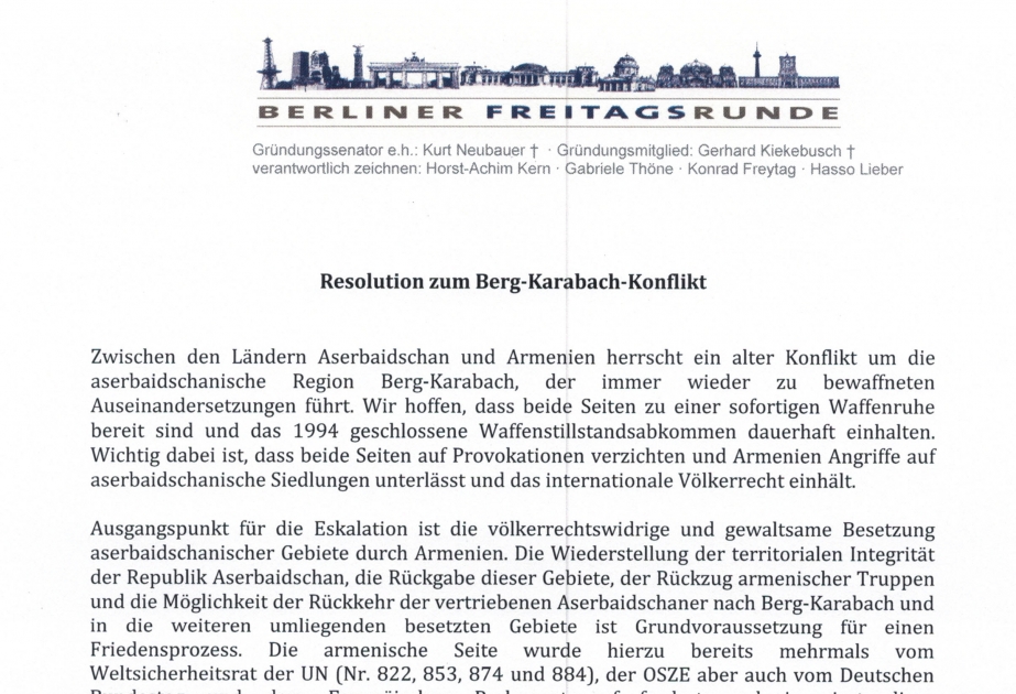 Влиятельная организация Германии «Berliner Freitagrunde» выступила с заявлением по нагорно-карабахскому конфликту
