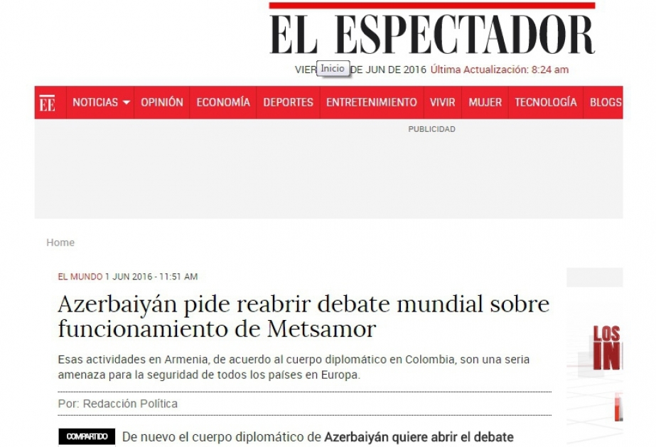 Kolumbiyanın “El Espectador” qəzetində Metsamor AES-in qlobal təhlükə olmasına dair məqalə dərc edilib