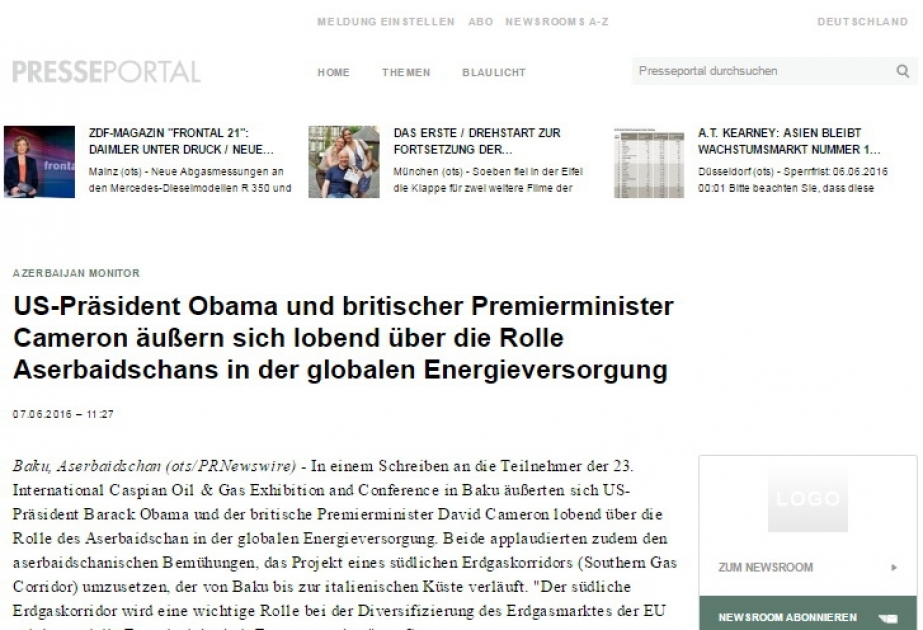 Azerbaijan Monitor: US-Präsident Obama und britischer Premierminister Cameron äußern sich lobend über die Rolle Aserbaidschans in der globalen Energieversorgung