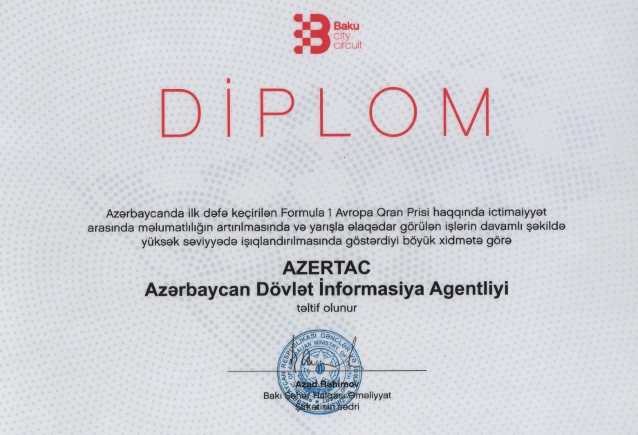 Baku City Circuit zeichnet AZERTAC mit Diplom aus