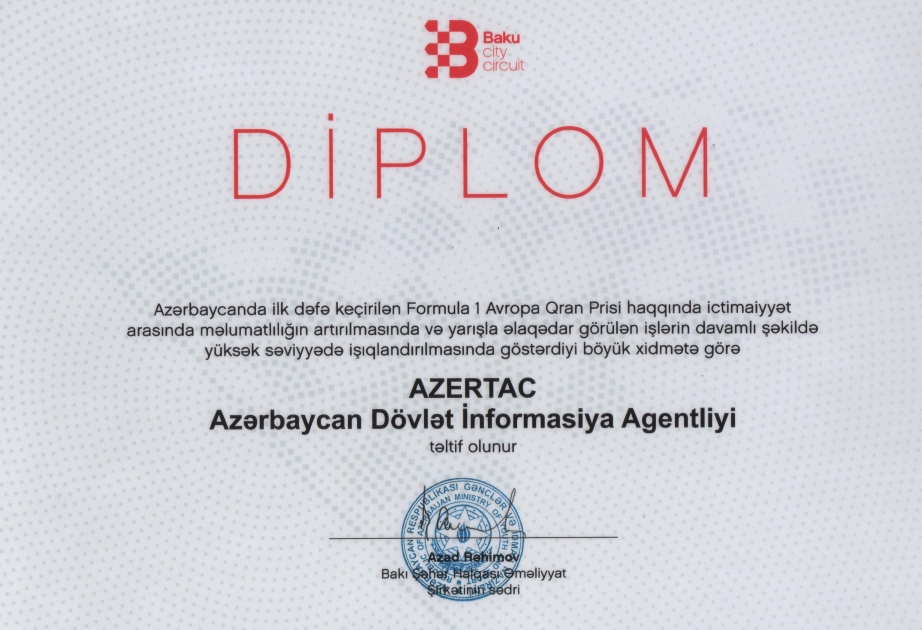 AZERTAC awarded certificate by Baku City Circuit Operating Company