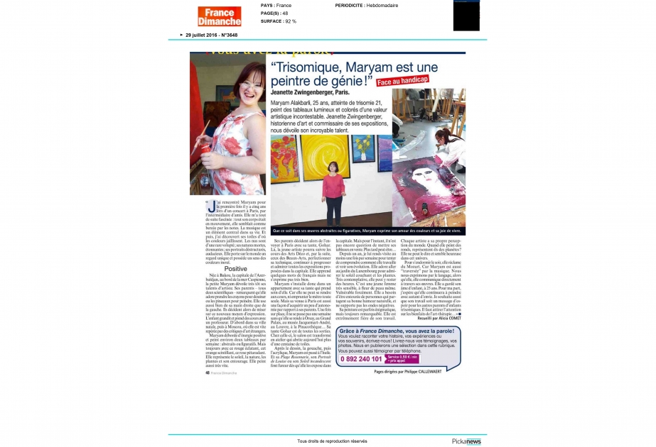 Le magazine France Dimanche publie un article sur la jeune peintre Maryam Alakbarli