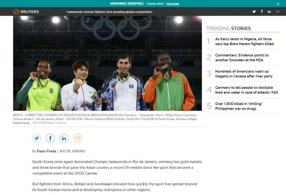 “Reuters” agentliyi Azərbaycan taekvondoçularının “Rio-2016” XXXI Yay Olimpiya Oyunlardakı uğurlarından yazıb