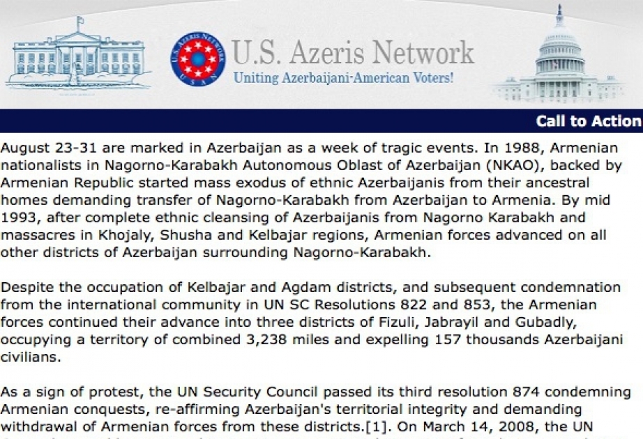 Сеть азербайджанцев США проводит кампанию по информированию общественности об оккупации Джебраила, Физули и Губадлы