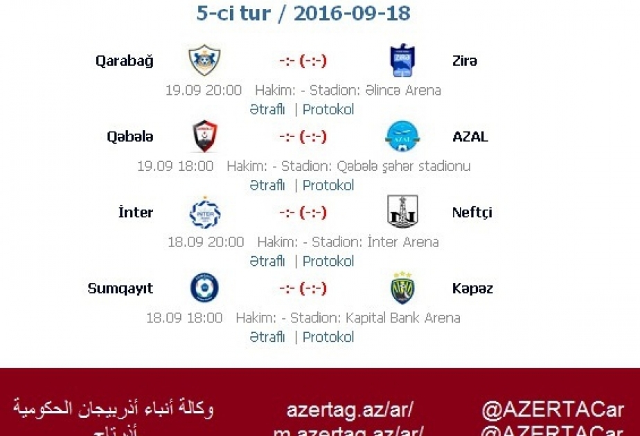 جدول الجولة الـ 5 من دوري أذربيجان الممتاز لكرة القدم