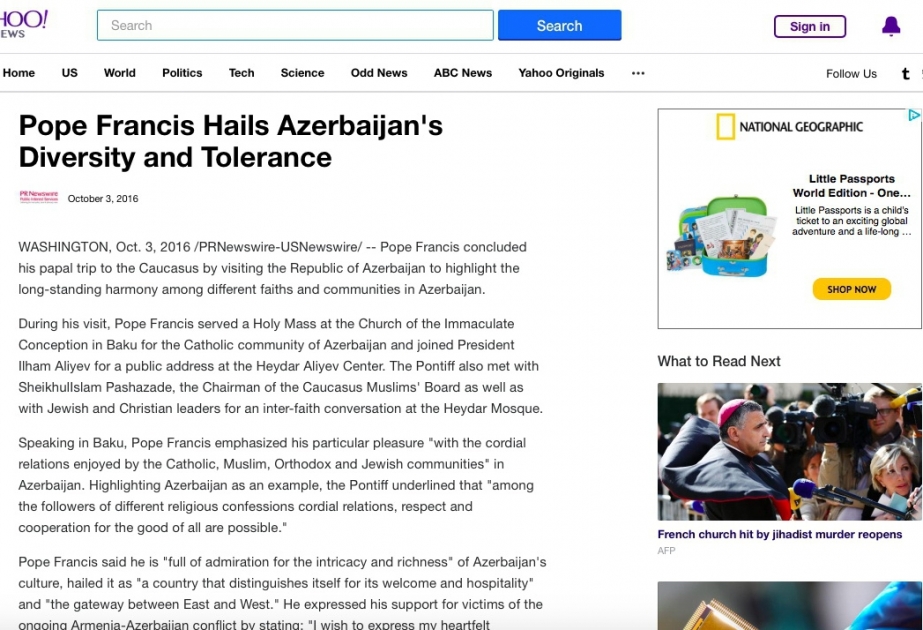 Yahoo News: «Папа Римский приветствует культурное разнообразие и толерантность в Азербайджане»