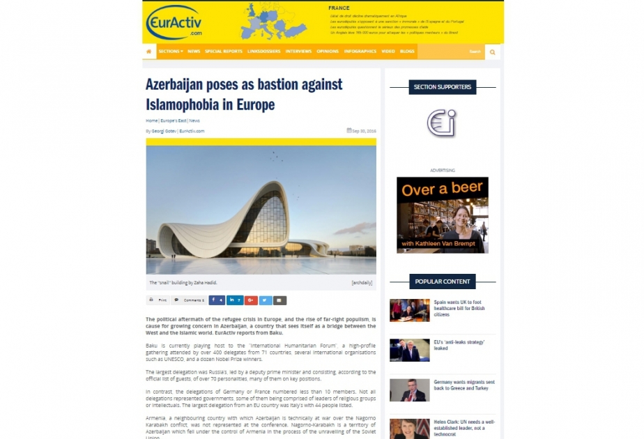 EurActiv: Azerbaijan poses as bastion against Islamophobia in Europe