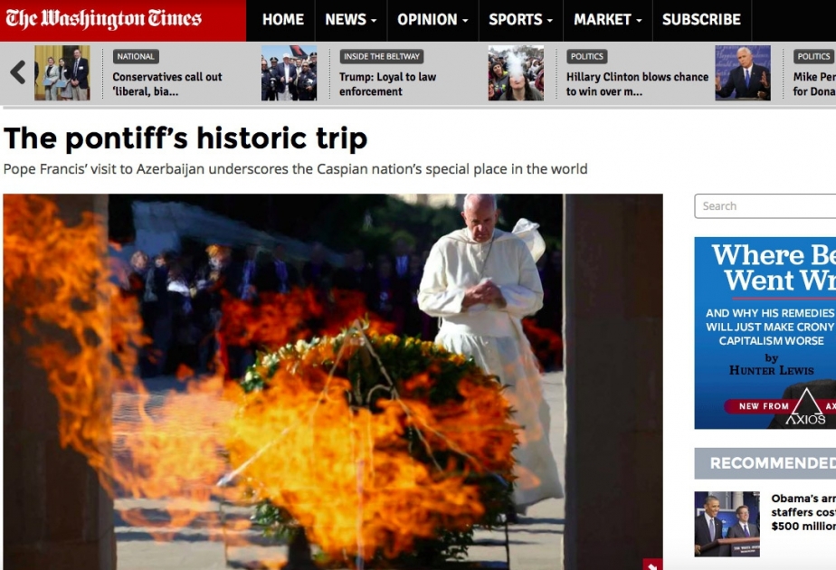 “The Washington Times” qəzeti Roma Papasının Bakıya tarixi səfərindən yazır
