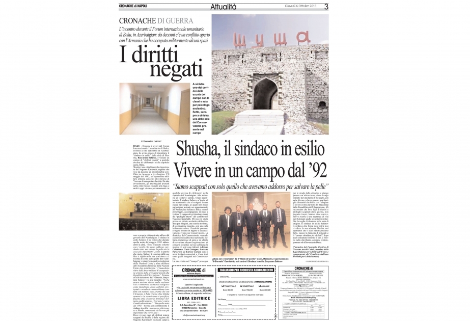 В итальянской газете опубликована статья о вынужденных азербайджанских переселенцах