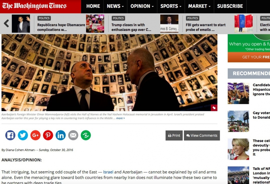 The Washington Times a publié un article sur les relations azerbaïdjano-israéliennes