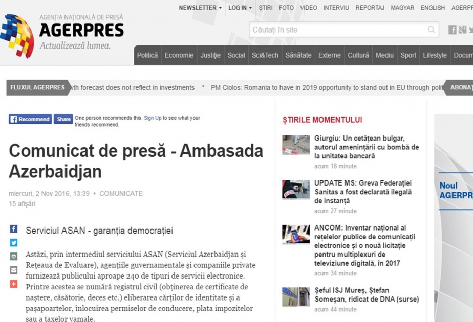 Romanian national news agency hails ASAN Service