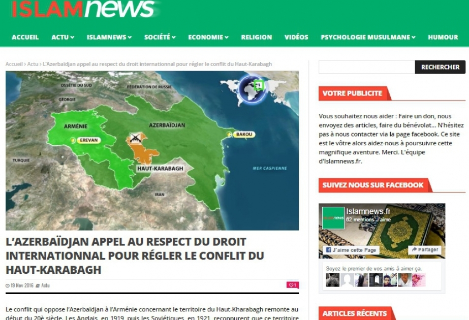 French website posts article about Nagorno Karabakh conflict
