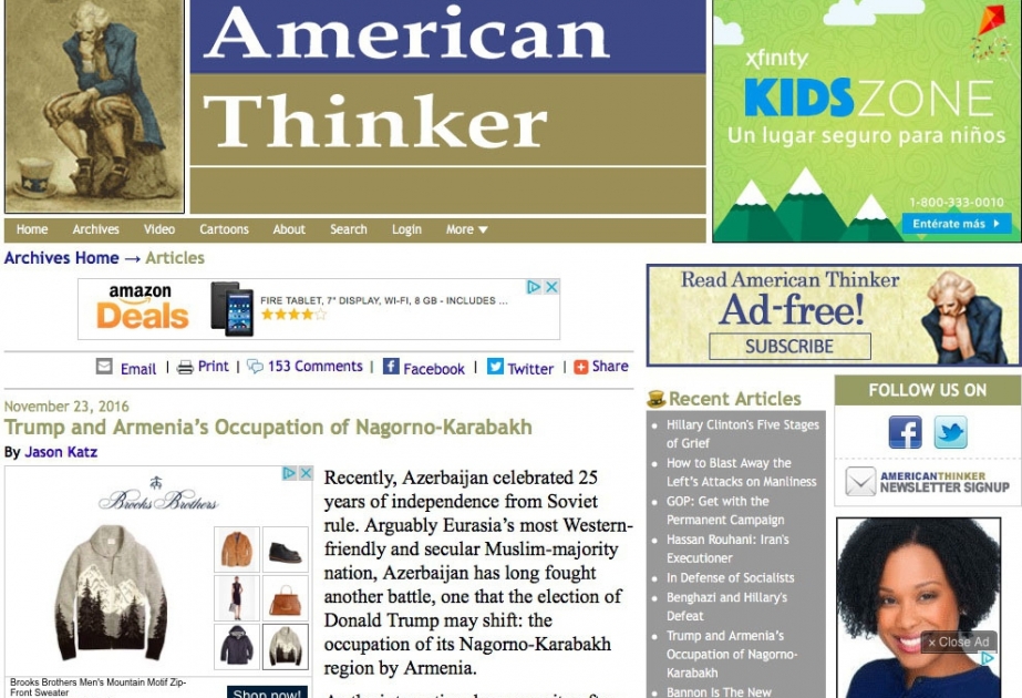 The American Thinker 报刊登一篇题为《特朗普与亚美尼亚侵占纳戈尔诺 - 卡拉巴赫》的文章