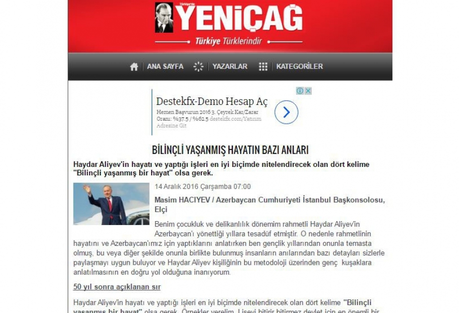Türkiyənin “Yeniçağ” qəzetində ümummilli lider Heydər Əliyev haqqında məqalə dərc edilib