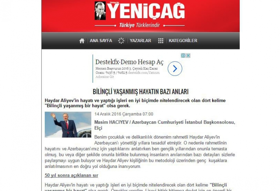 В турецкой газете «Ени шефег» опубликована статья об общенациональном лидере Гейдаре Алиеве
