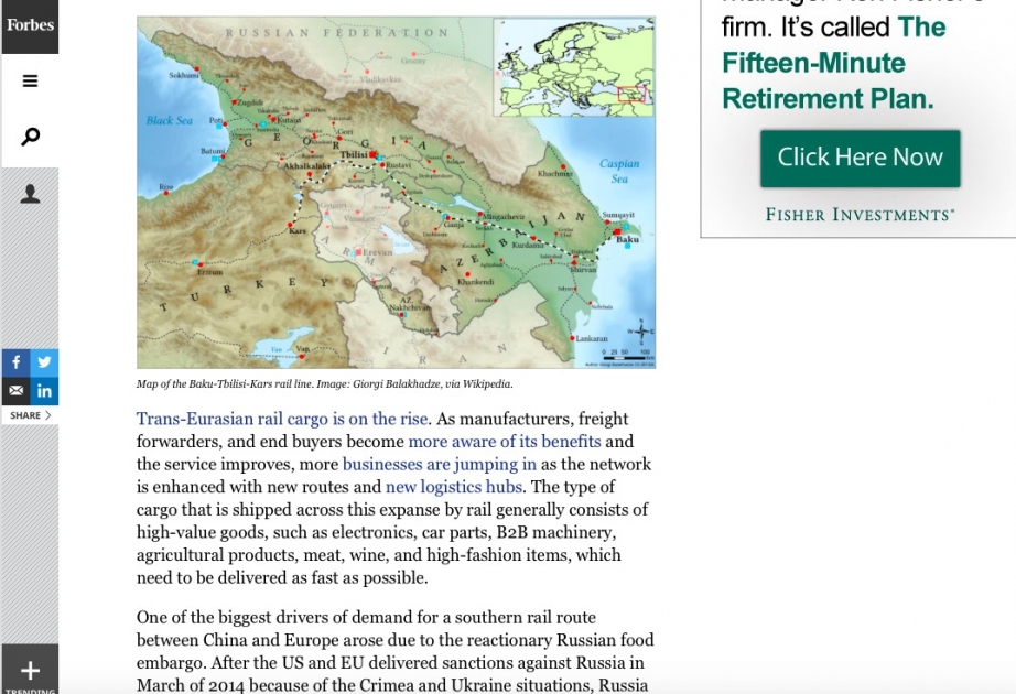 Forbes о значимости проекта железной дороги Баку-Тбилиси-Карс