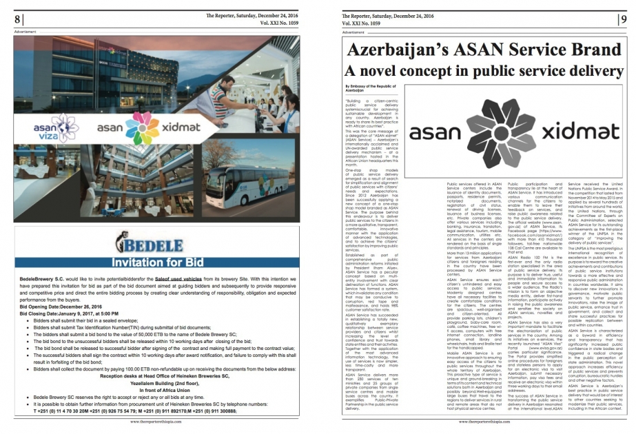 Ethiopian “The Reporter” newspaper publishes article about activity of ASAN service