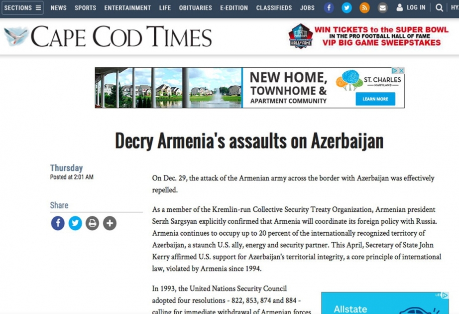 US Cape Cod Times: Decry Armenia's assaults on Azerbaijan