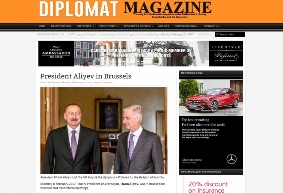 “Diplomat Magazine” jurnalı Prezident İlham Əliyevin Belçikaya səfəri zamanı keçirdiyi görüşlərdən yazıb
