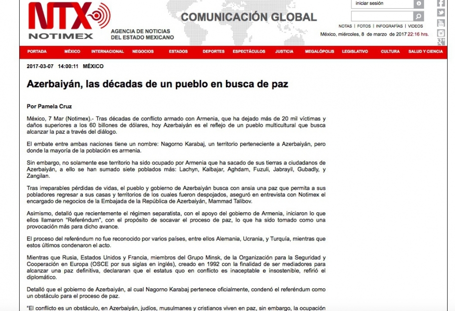 Mexikanische Nachrichtenagentur Notimeks schreibt über armenische Aggression