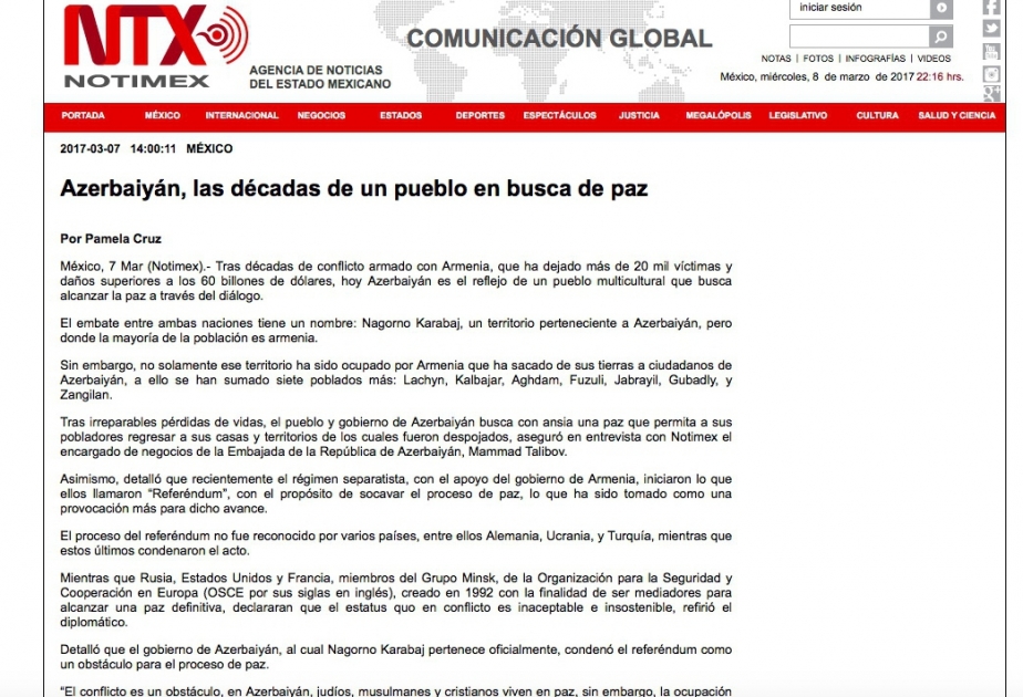 Mexican Notimex agency publishes article on Armenian aggression