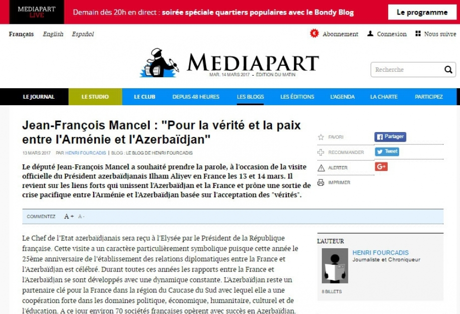 Французский сайт опубликовал статью об азербайджано-французских отношениях