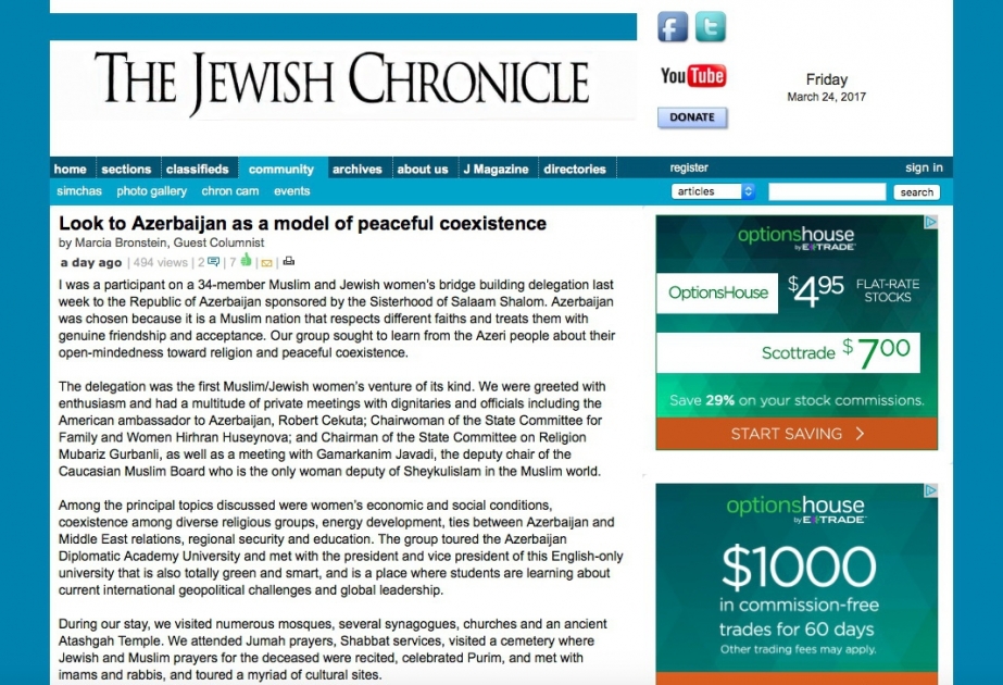 “The Jewish Chronicle”: Azərbaycan dinc birgəyaşayışın modeli kimi