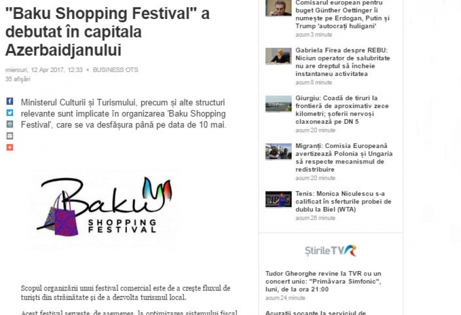 Rumıniyanın milli xəbər agentliyi Bakı Şopinq Festivalı barədə məlumat yayıb