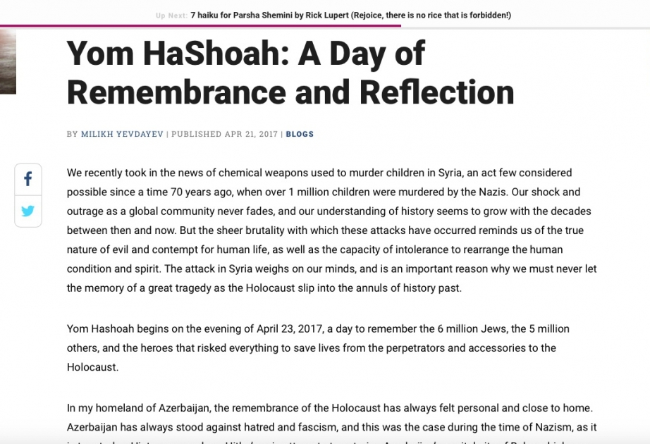 Jewish Journal о Дне памяти Холокоста и Ходжалинской резне