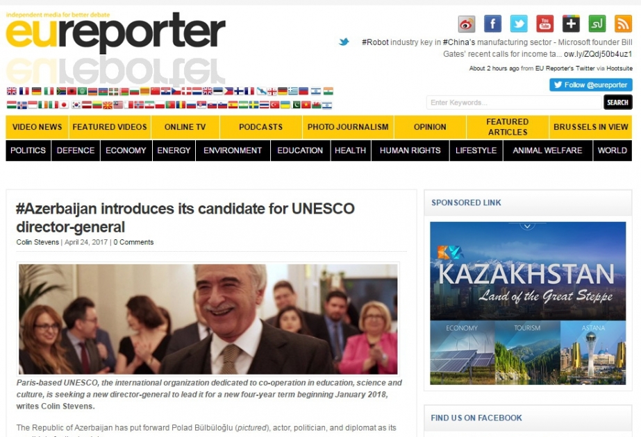 “EU Reporter” portalı UNESCO-nun baş direktoru vəzifəsinə Azərbaycanın namizədi barədə yazır