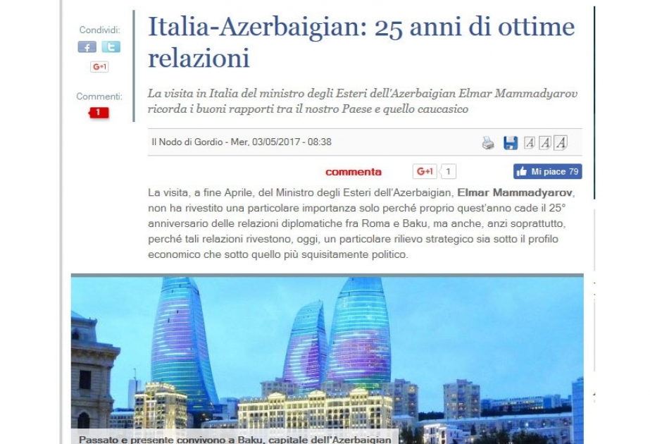 “Il Giornale” portalı: “İtaliya-Azərbaycan: 25 illik əla münasibətlər”