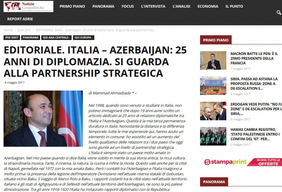 “Notizie Geopolitiche”: “Azərbaycan-İtaliya diplomatik əlaqələrinin 25 ili: strateji tərəfdaşlığa aparan yol”