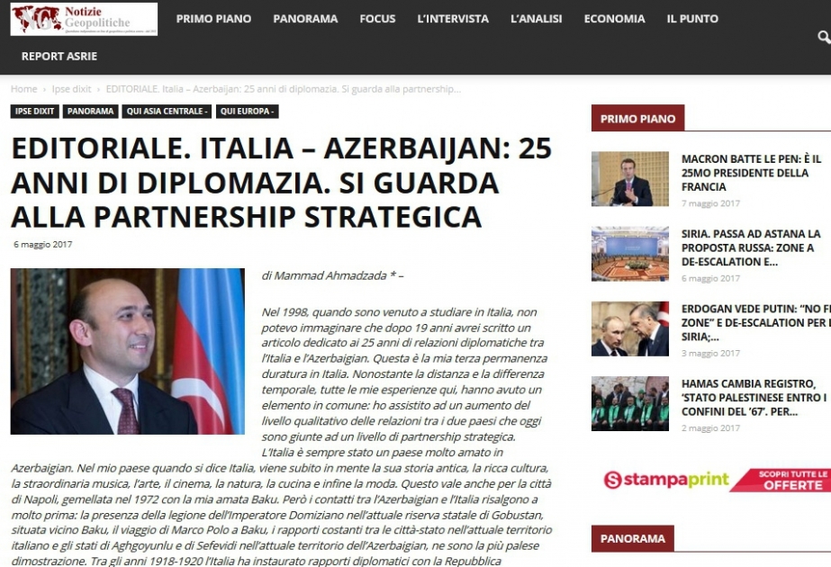 Notizie Geopolitiche: 25th anniversary of Azerbaijan-Italy diplomatic relations: the road to strategic partnership