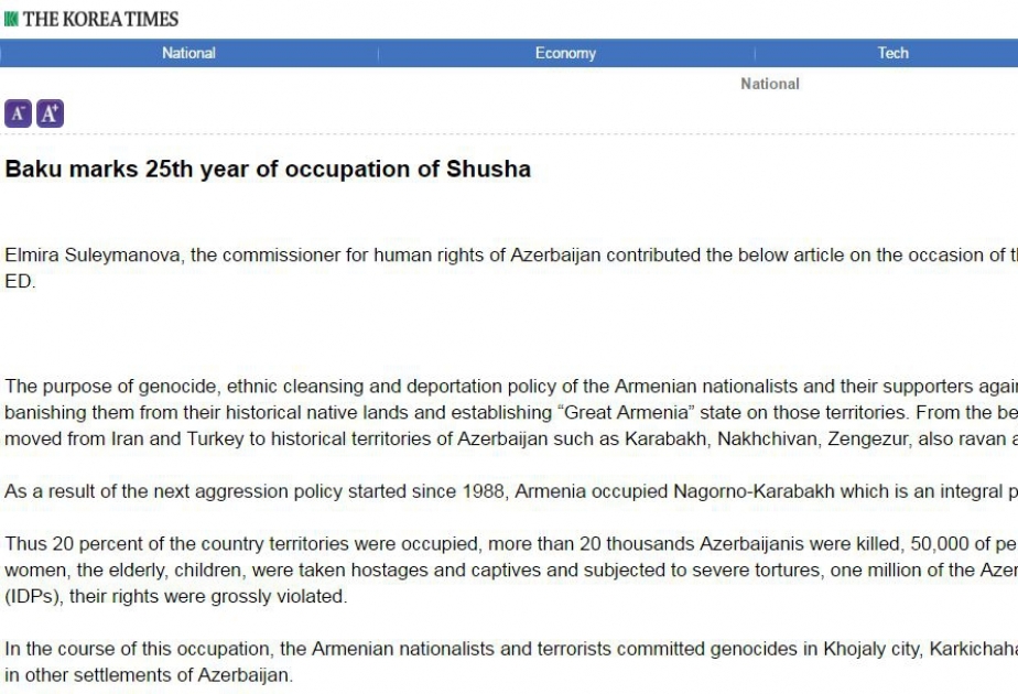 The Korea Times publishes article on 25th anniversary of occupation of Shusha
