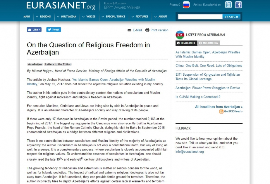 Eurasianet.org publishes letter of response by spokesperson of Azerbaijan`s Foreign Ministry